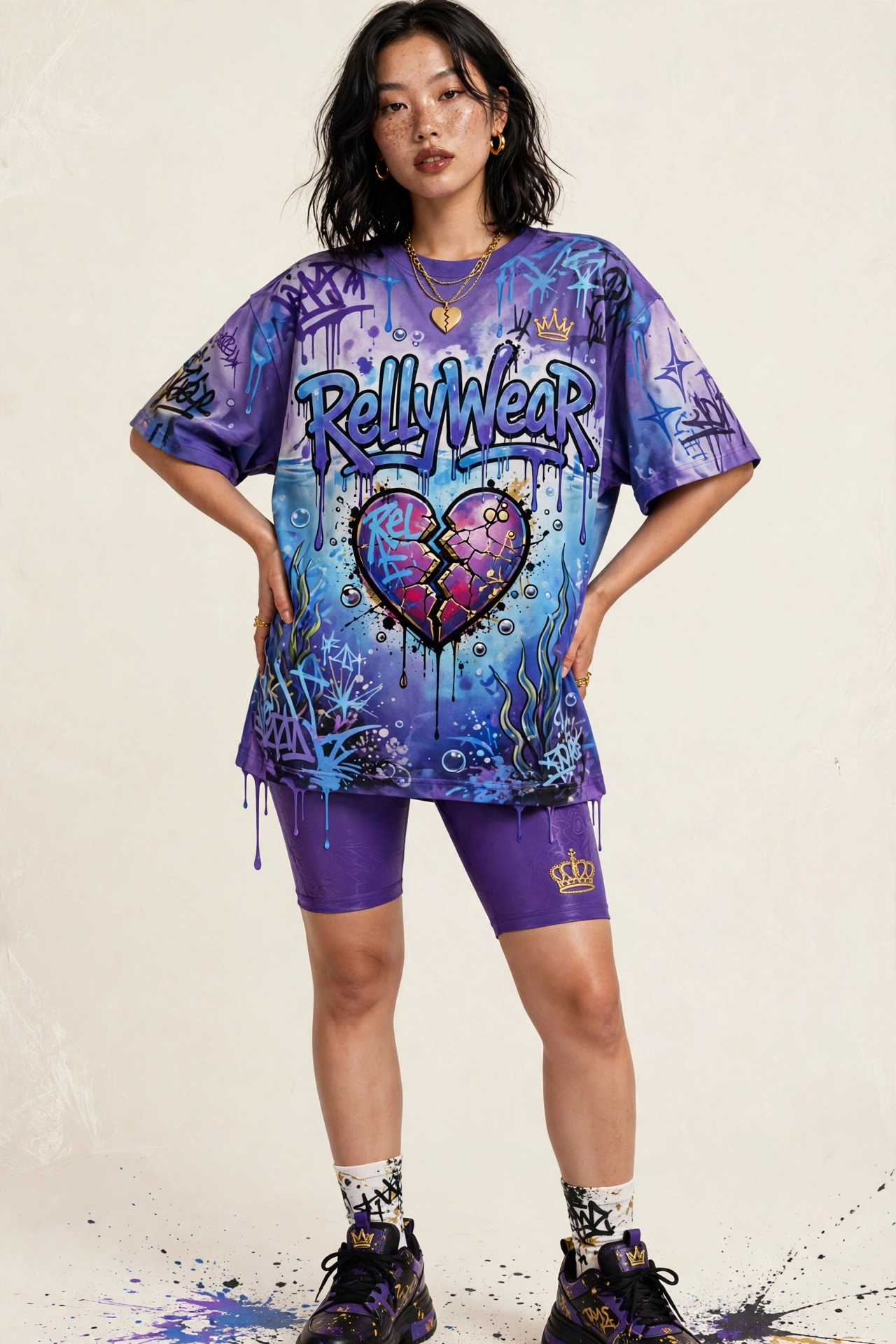 Aquarium Queen Set — oversized purple-and-blue graffiti tee with matching biker shorts and a gold crown on the leg