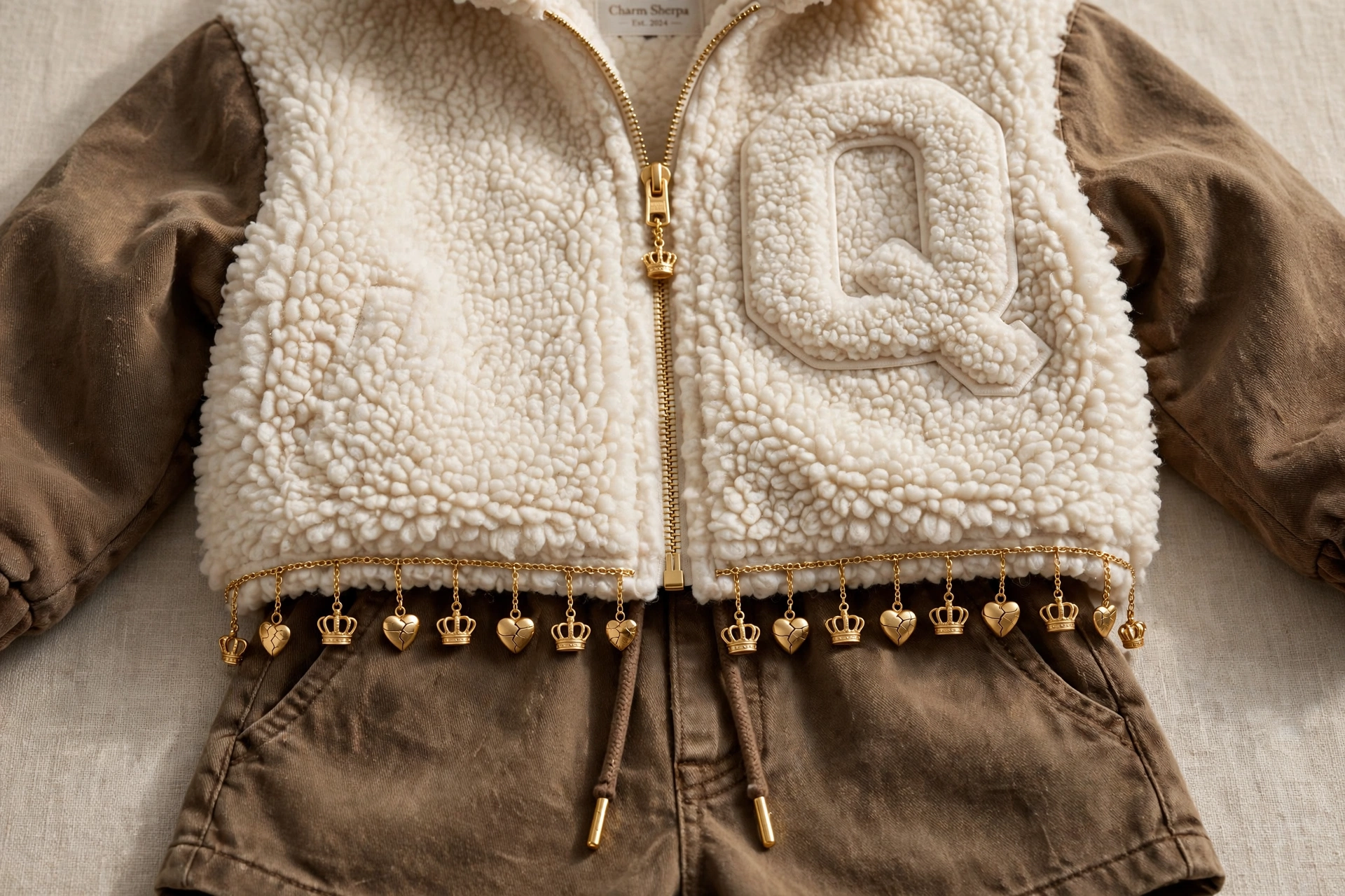 Charm Sherpa set — cream bouclé sherpa zip jacket with washed-brown sleeves and a giant tonal Q across the front, tiny gold crown and cracked-heart charms dangling from the hem chain