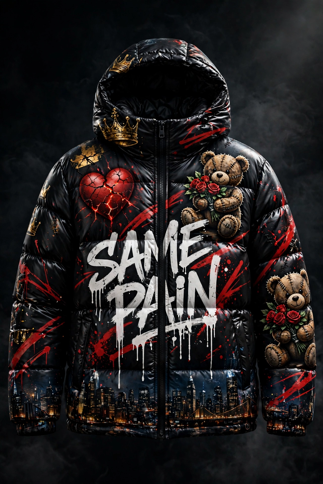 Cover Art bubble puffer — black bubble puffer wrapped in an all-over print of the Same Pain cover world: gold crowns, cracked red heart, stitched teddy, roses, night-city skyline