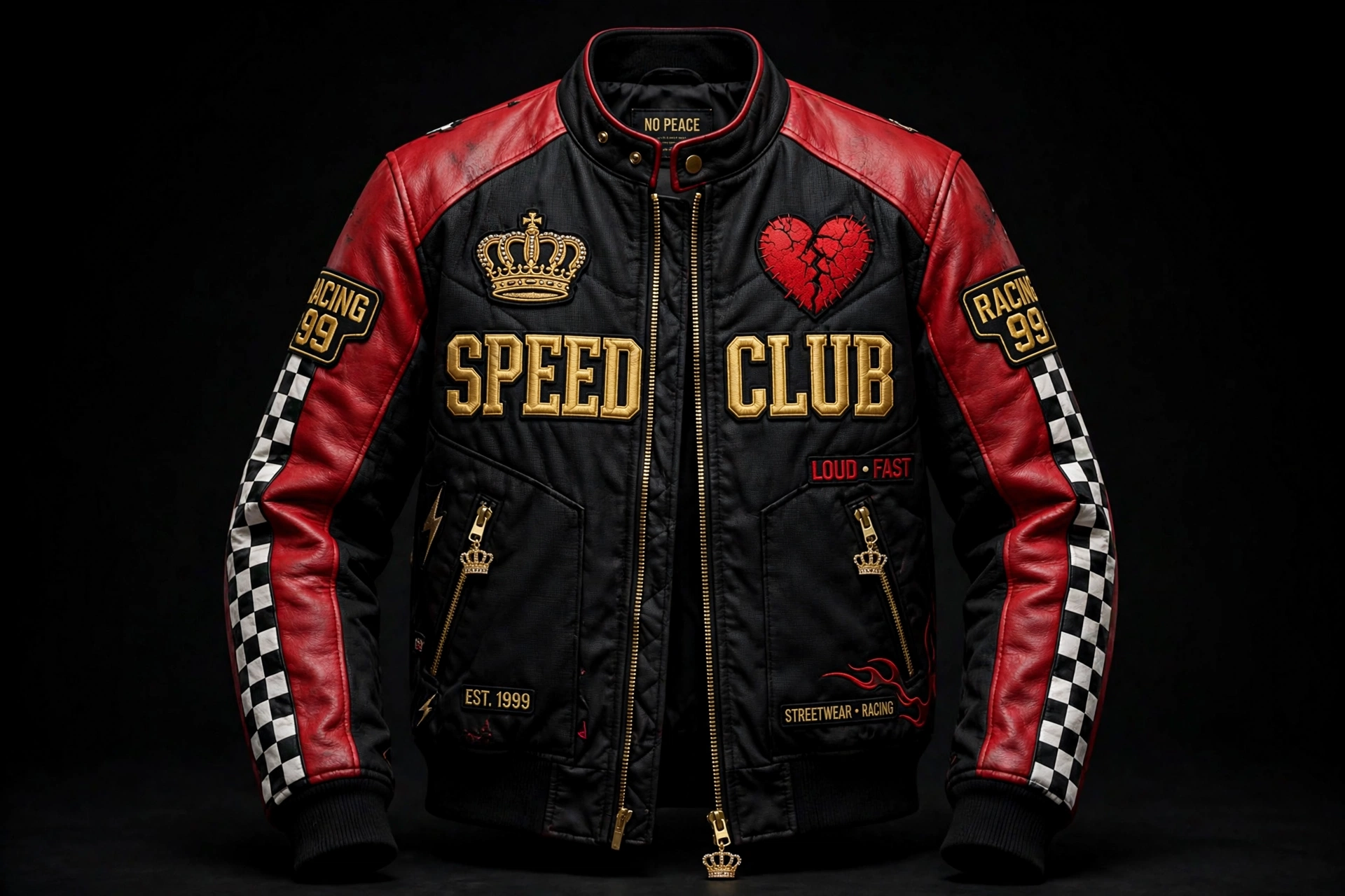 Crown Moto Jacket — black and red racing moto jacket with gold crown and cracked red heart chest patches, SPEED CLUB in gold lettering, checker-flag sleeves and tiny gold crown zipper pulls