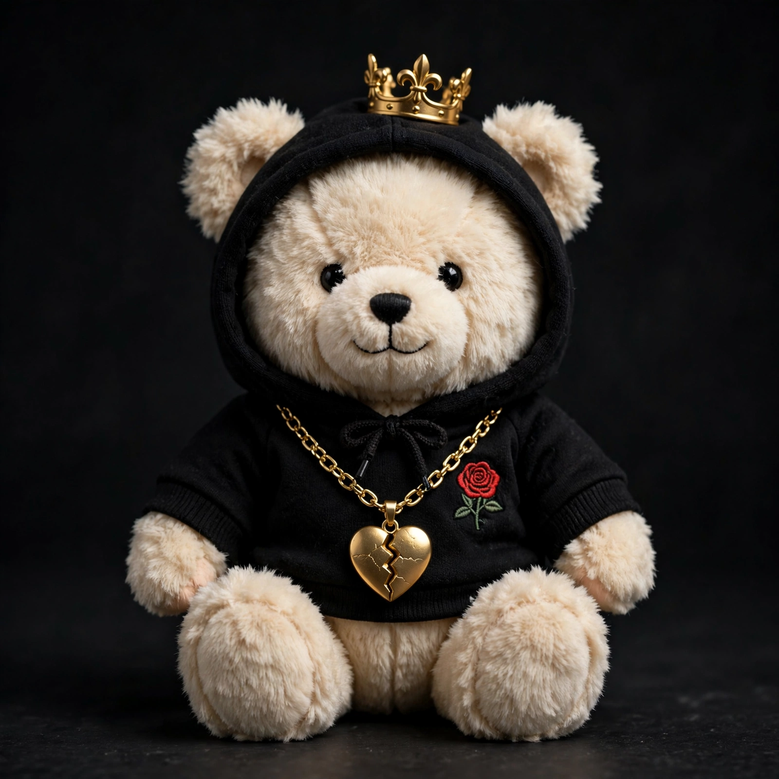 Crown Teddy Plush — collectible cream teddy bear plush wearing a black hoodie with a red rose embroidered on it, a gold crown, and a gold chain with a cracked-heart pendant