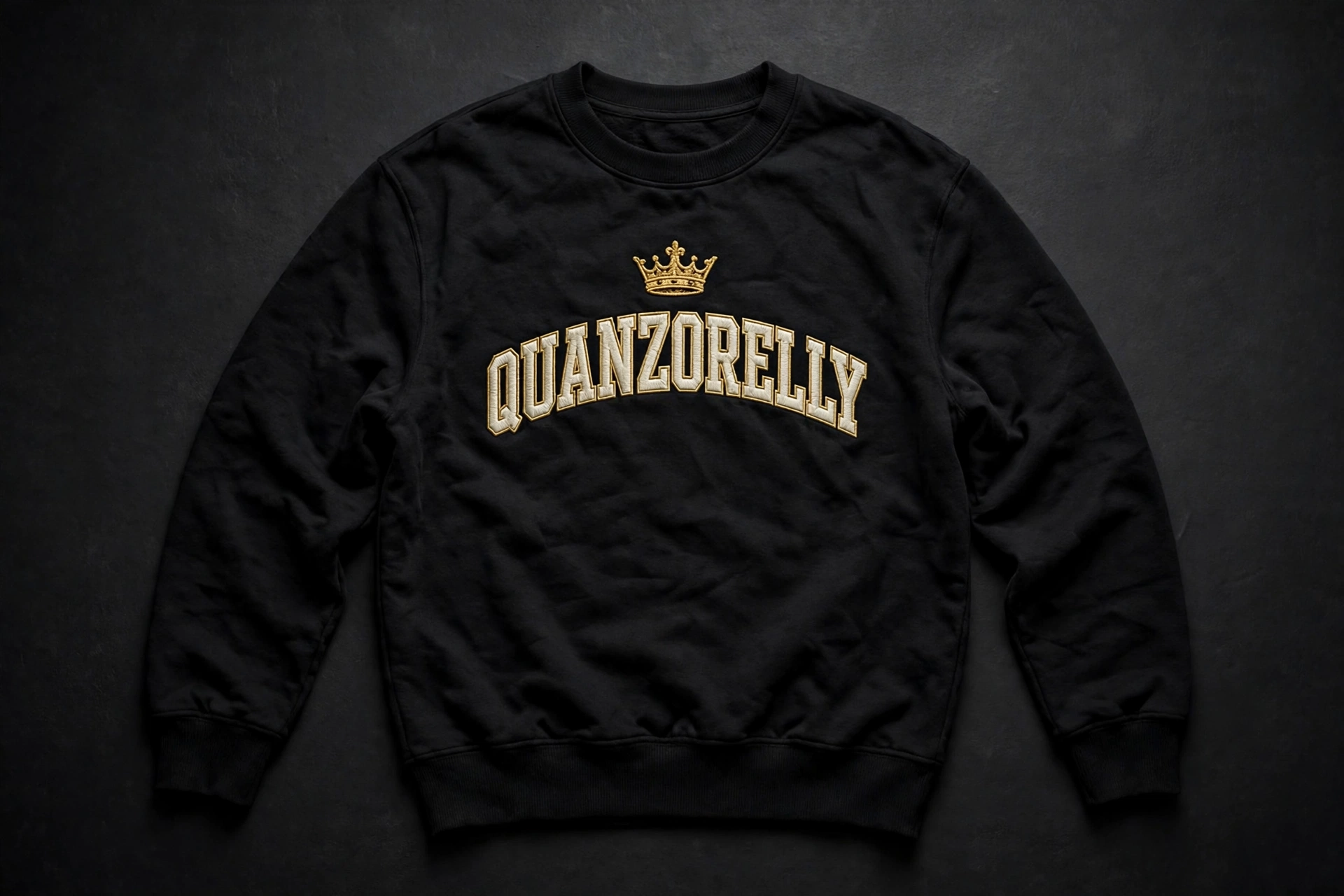 Fall crewneck — retro varsity arch crewneck sweatshirt with QuanZoRelly lettering