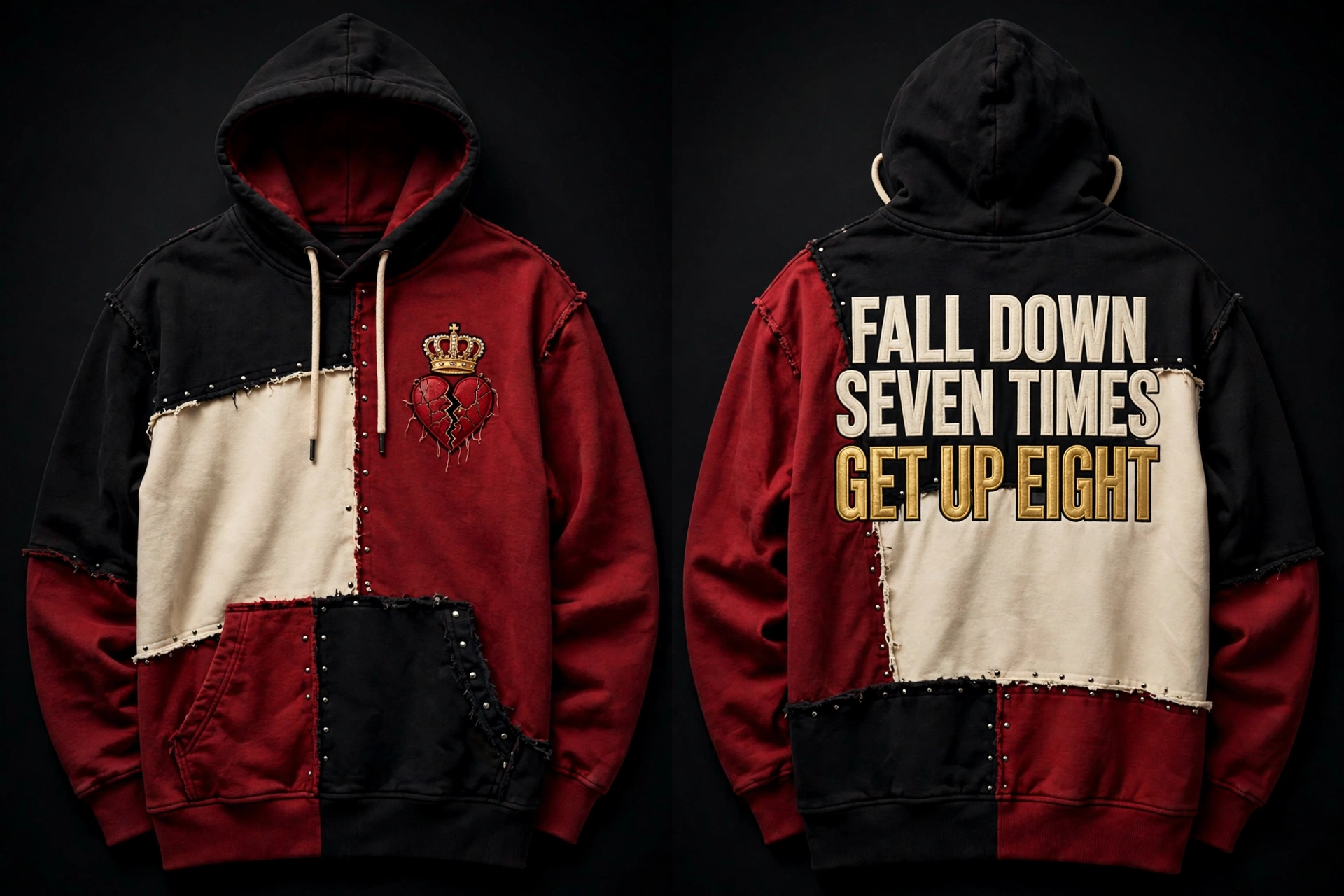 Get Up Eight sermon hoodie — color-blocked black, red and cream hoodie with the gold crown-over-cracked-heart chest lockup and FALL DOWN SEVEN TIMES / GET UP EIGHT across the back