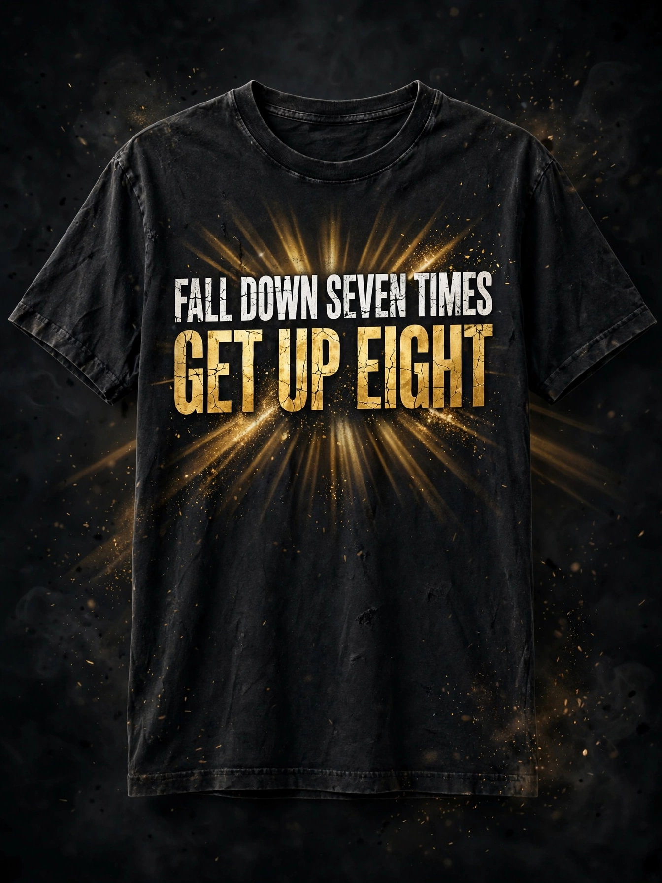 Get Up Eight tee — tee with the Dust It Off line about getting up eight times, in gold over a sunrise