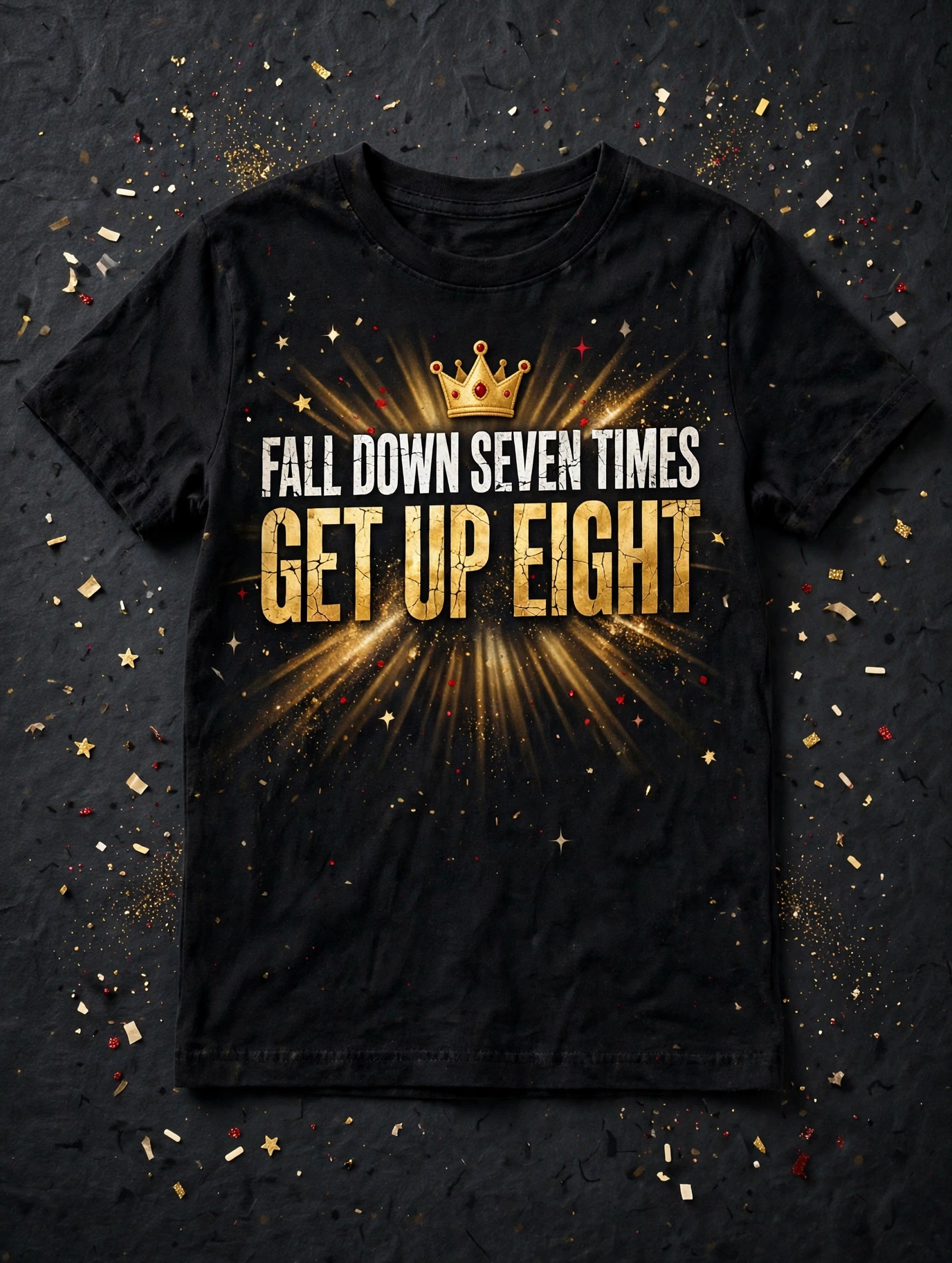 Kids Get Up Eight tee — black kids' tee with FALL DOWN SEVEN TIMES in white block letters and GET UP EIGHT huge in cracked gold over a sunburst