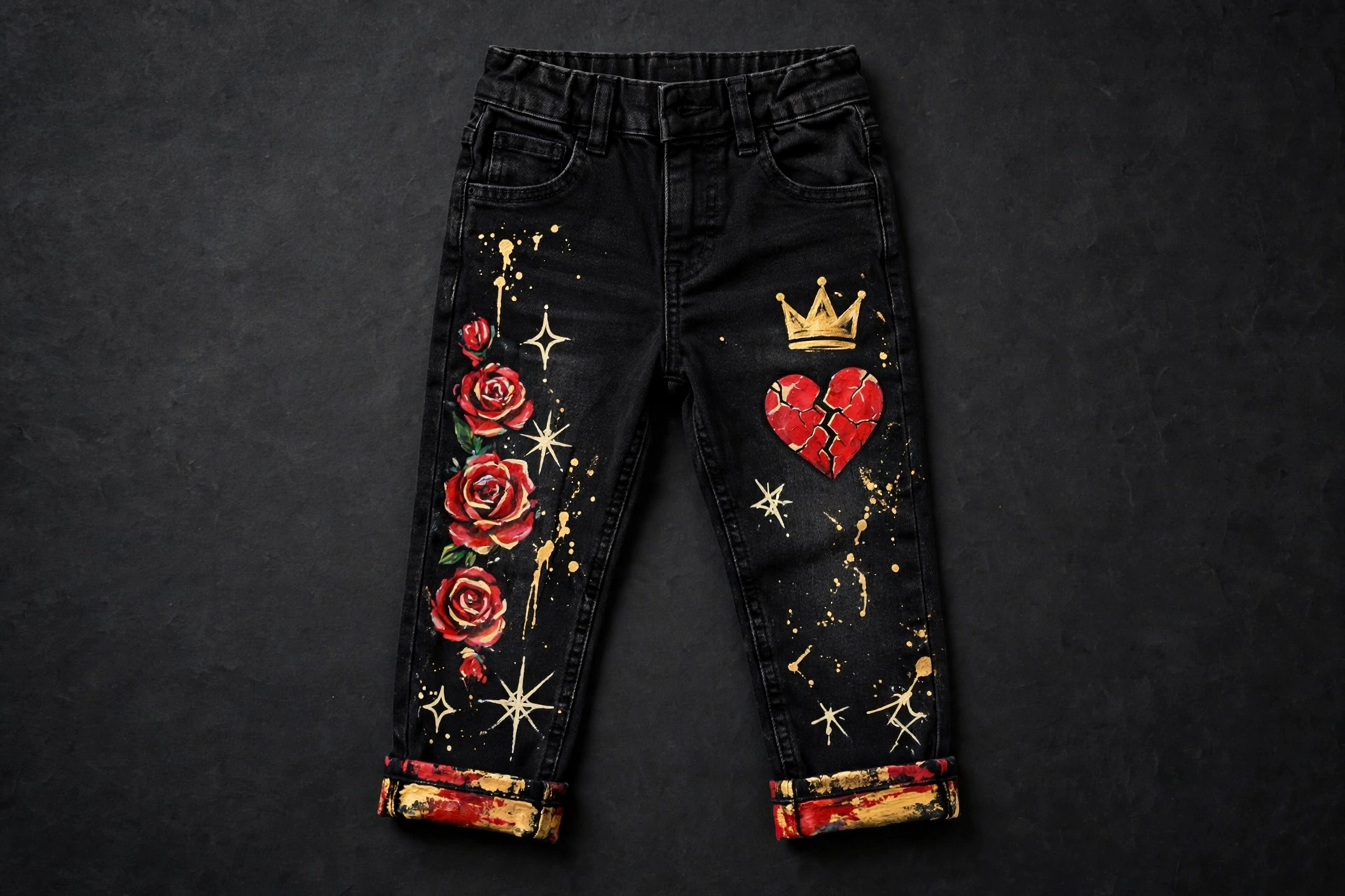 Kids Painted Denim — black kids' jeans with hand-painted gold crown, cracked red heart, and red roses down the legs