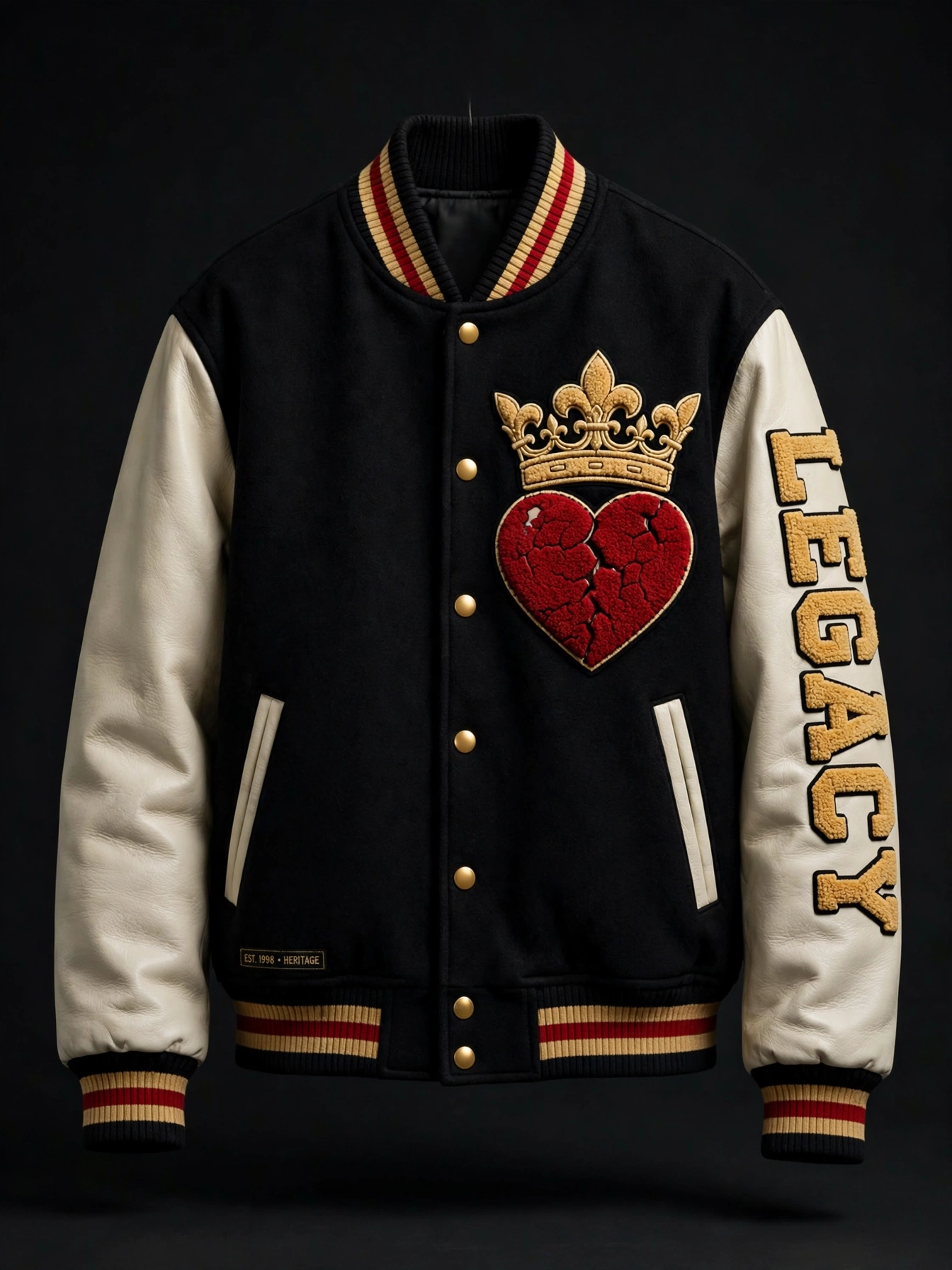 Legacy Varsity Jacket — black and cream varsity jacket with a large chenille gold crown over a cracked red heart on the chest and LEGACY in gold chenille lettering down the cream sleeve
