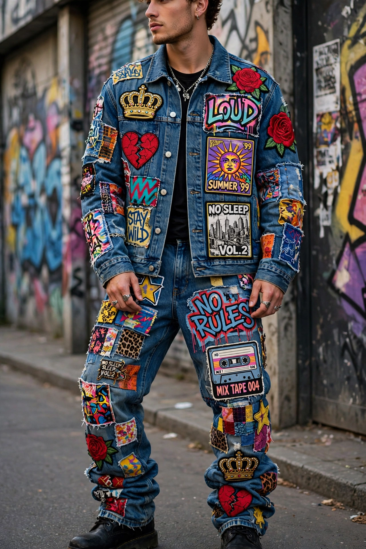 Patchwork Story Denim Set — denim jacket and jeans covered in colorful patches: gold crowns, cracked red hearts, red roses, graffiti panels and a mixtape cassette