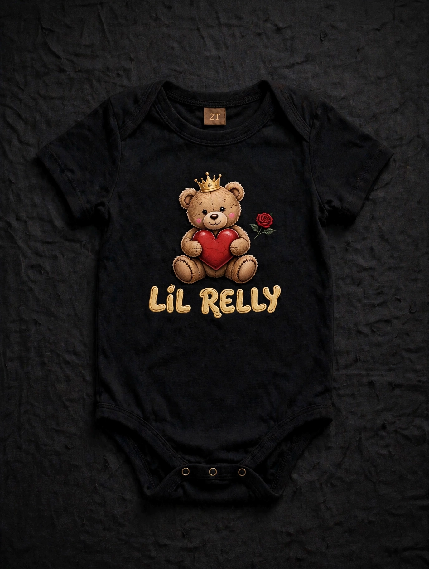 Lil Relly romper — black toddler romper with a plush teddy wearing a tiny gold crown hugging a red heart, LIL RELLY in gold bubble letters