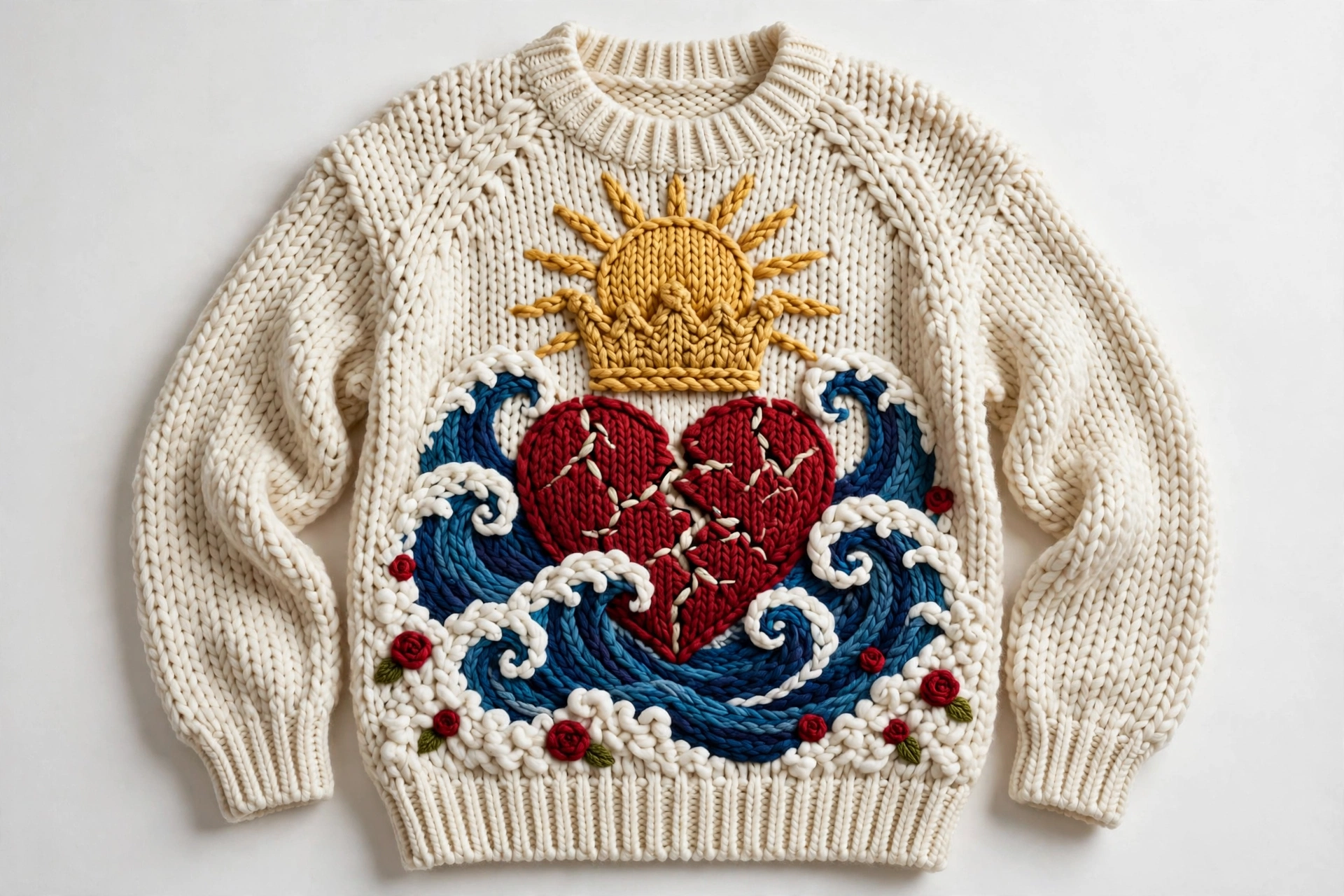 Wave Rider knit sweater — cream chunky-knit sweater with one giant knitted scene: a gold crown on a cracked red heart riding deep-blue ocean waves with red roses in the foam