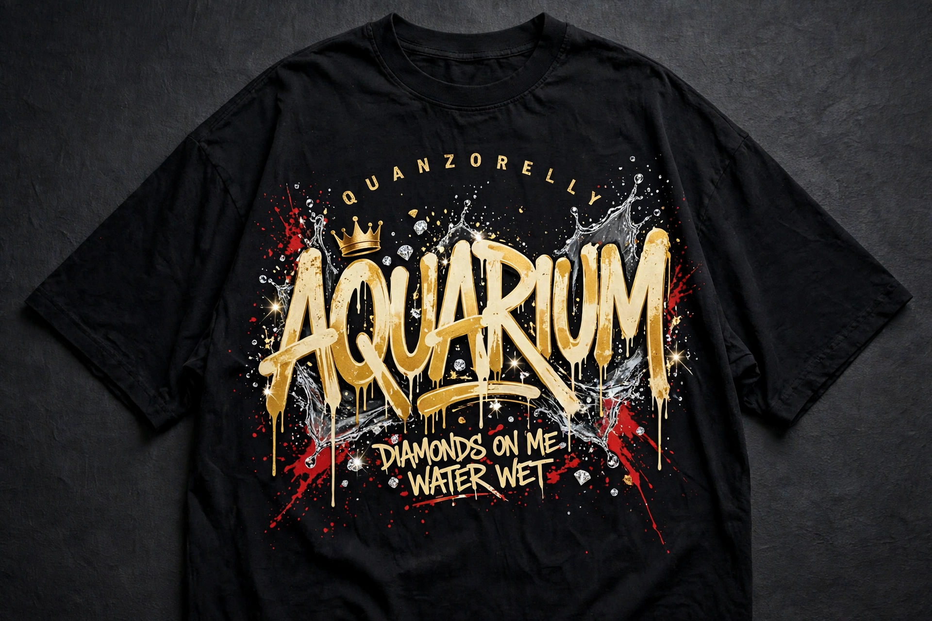 Aquarium oversized graffiti tee — women's oversized tee with AQUARIUM in massive gold graffiti letters filled with water and diamond effects