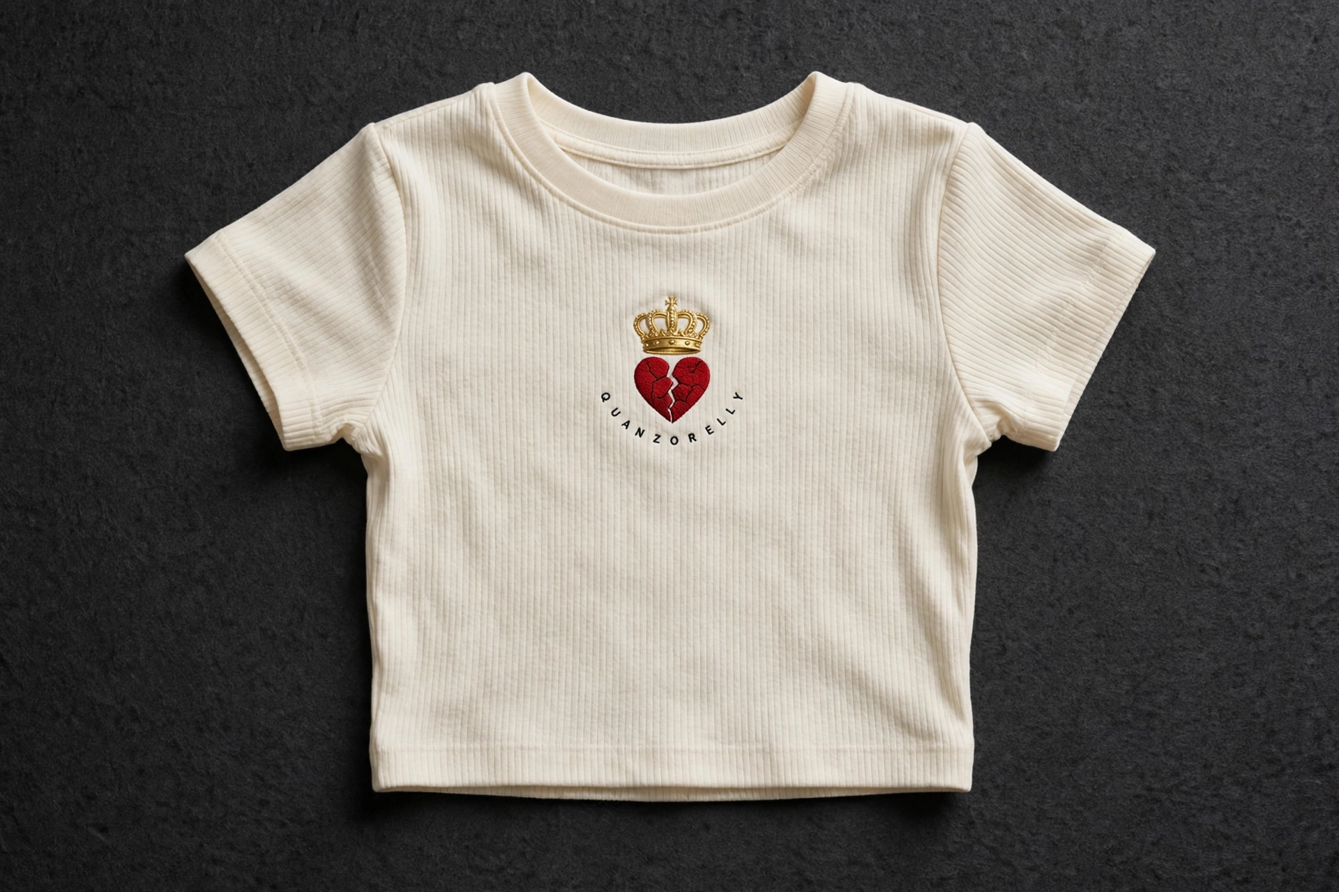 Crown-Heart baby tee — cream ribbed women's baby tee with one small gold crown over a cracked red heart on the chest