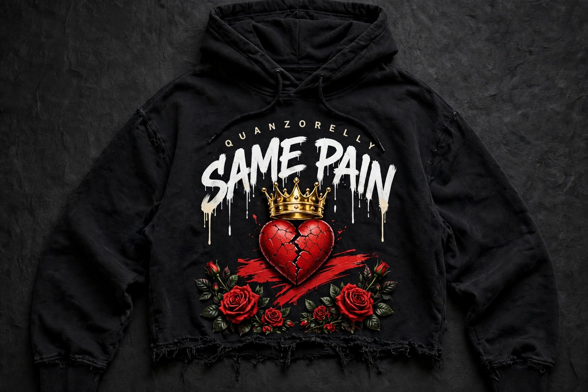 Same Pain crop hoodie — women's cropped hoodie with SAME PAIN in white graffiti lettering, a gold crown on a cracked red heart, and red roses along the hem