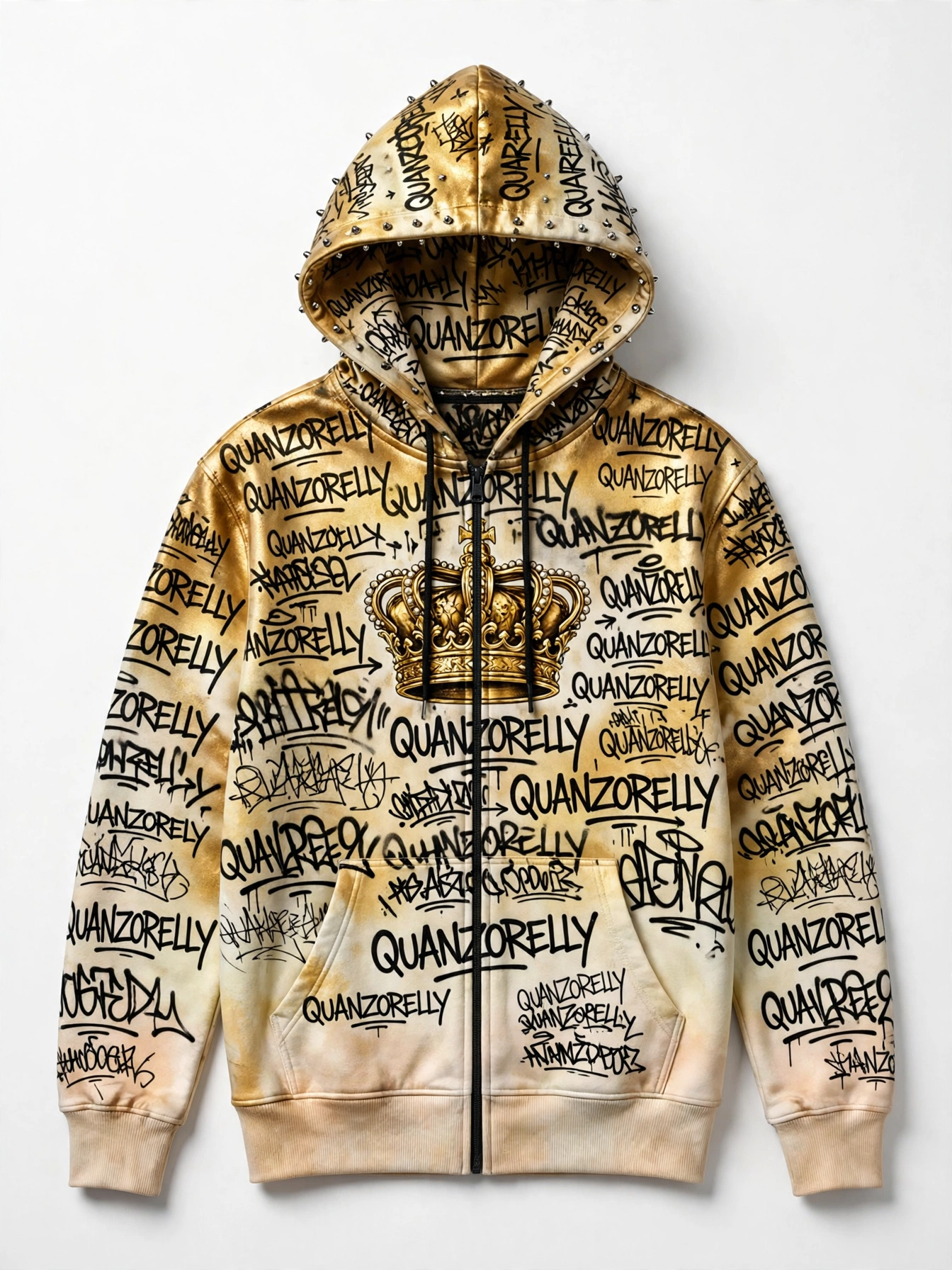 Wordmark Storm hoodie — zip hoodie wrapped in an all-over QUANZORELLY graffiti print at mixed scales on a gold-to-cream fade, giant gold crown at the chest, studded hood edge