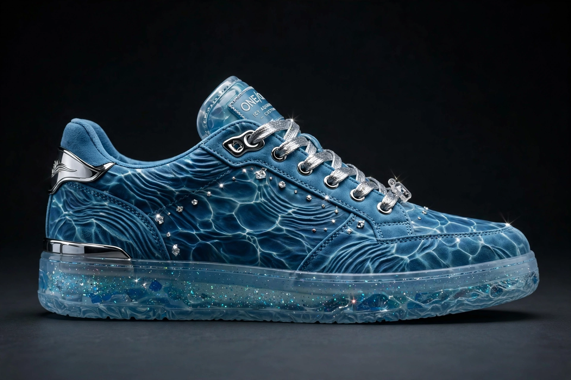Zofe Z's Aquarium low-tops — custom sneakers with water rippling across the shoe, diamond studs, and glitter inside a clear ice sole