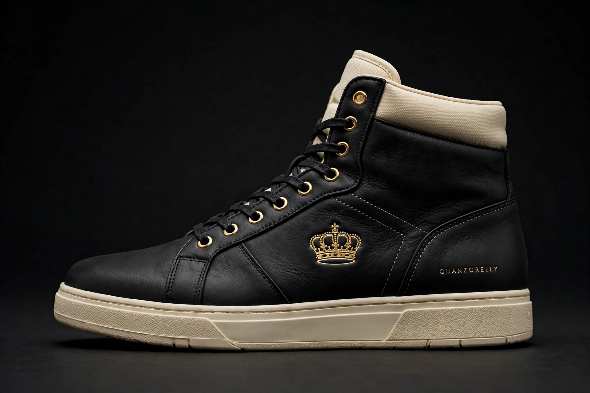 Zofe Z's Crown luxury high-tops — matte black leather custom sneakers with a gold crown, gold eyelets, and QuanZoRelly on the heel