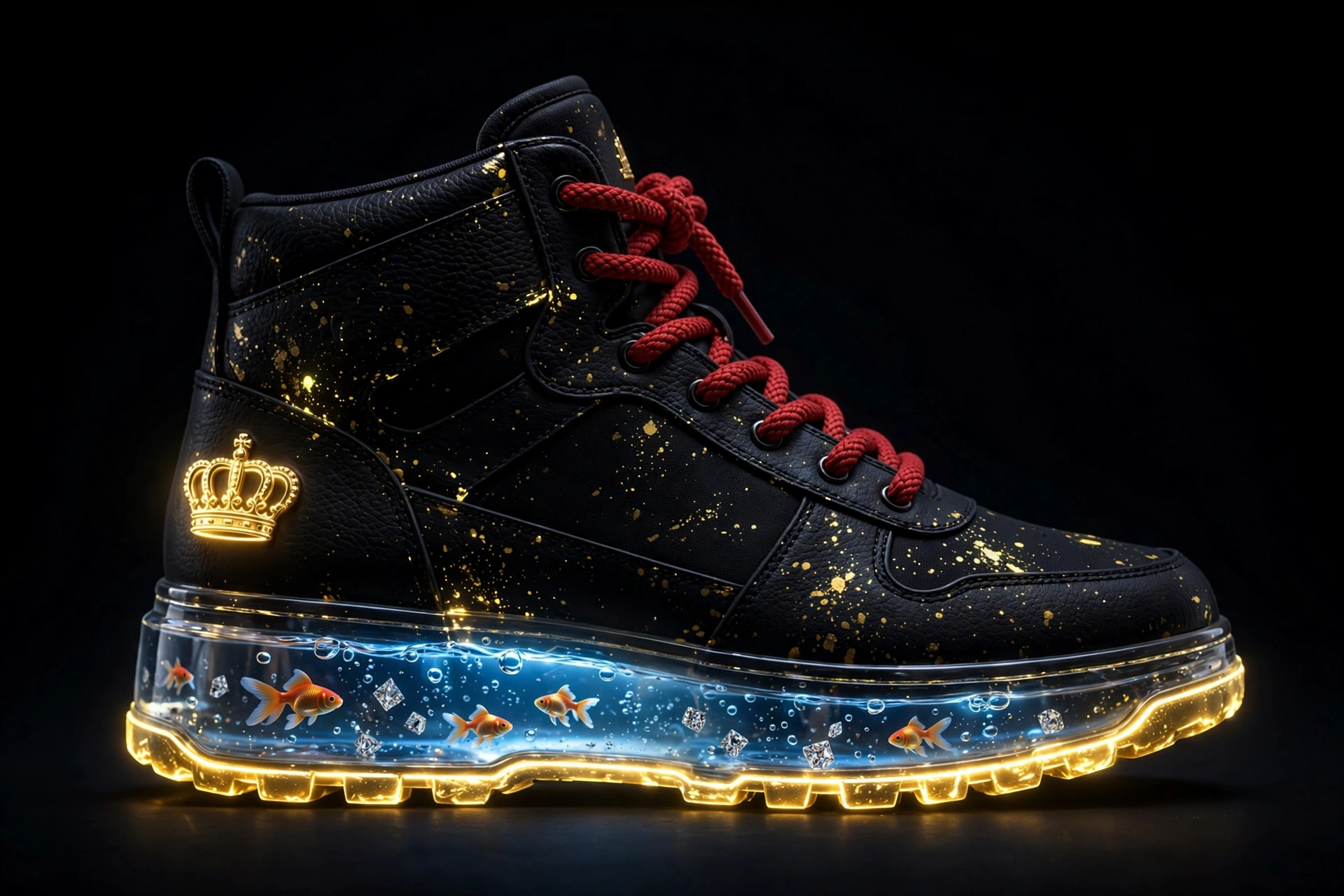 Zofe Z's Ultimate Mash-Up Glow high-tops — black original sneakers with gold splatter, red rope laces, a glowing gold crown on the heel, and a blue-lit clear aquarium sole with goldfish and diamonds over a glowing gold outsole
