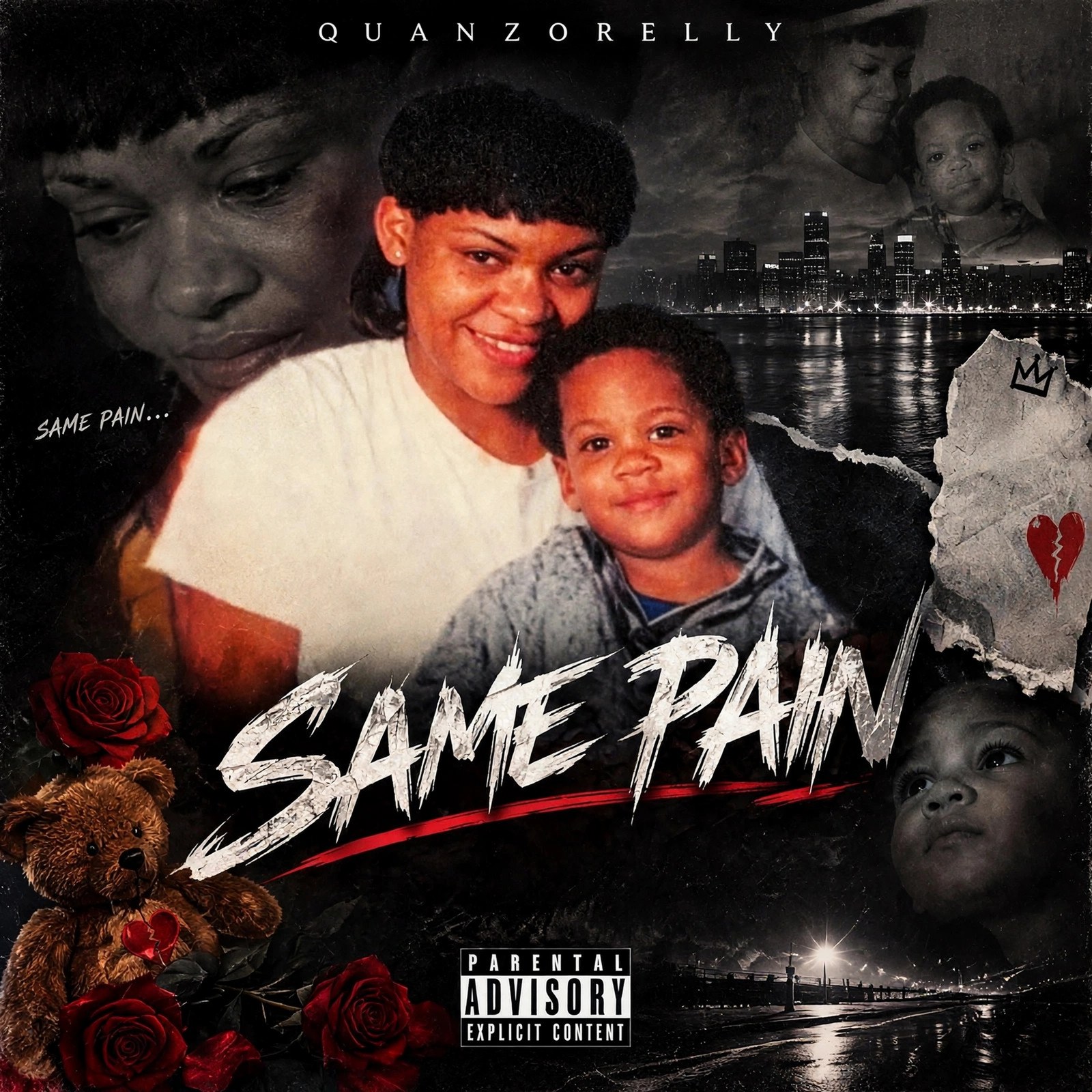 SAME PAIN album cover — a childhood photo of QuanZoRelly with his mother at the center of a dark collage with red roses, a teddy bear holding a broken heart, and a night skyline