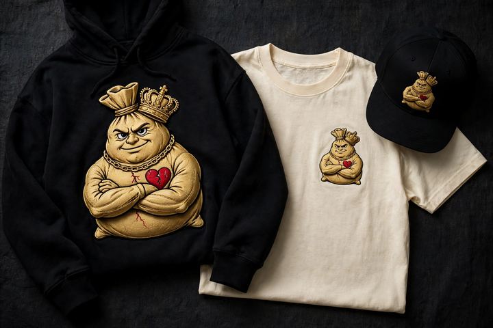 The adult money bag — smirk, chain, cracked heart